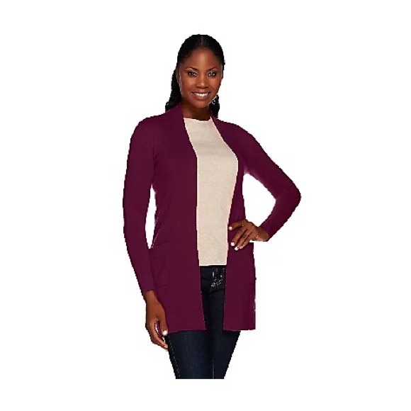 Issac Mizrahi Live! Cashmere Open Front Ribbed Collar Cardigan - Grey Heather - Picture 2 of 4